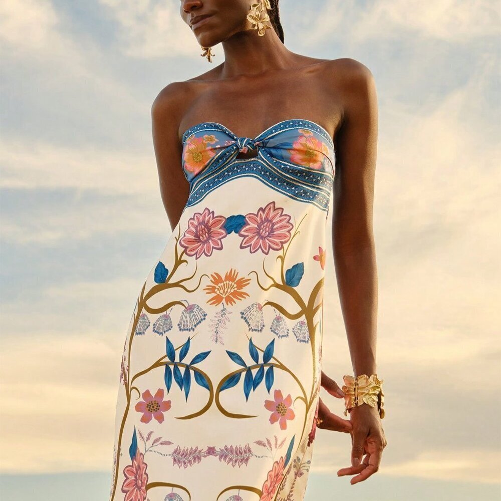 Multicolor Boho Women's Tropical Floral Print Sleeveless Tie Front Beach Dress